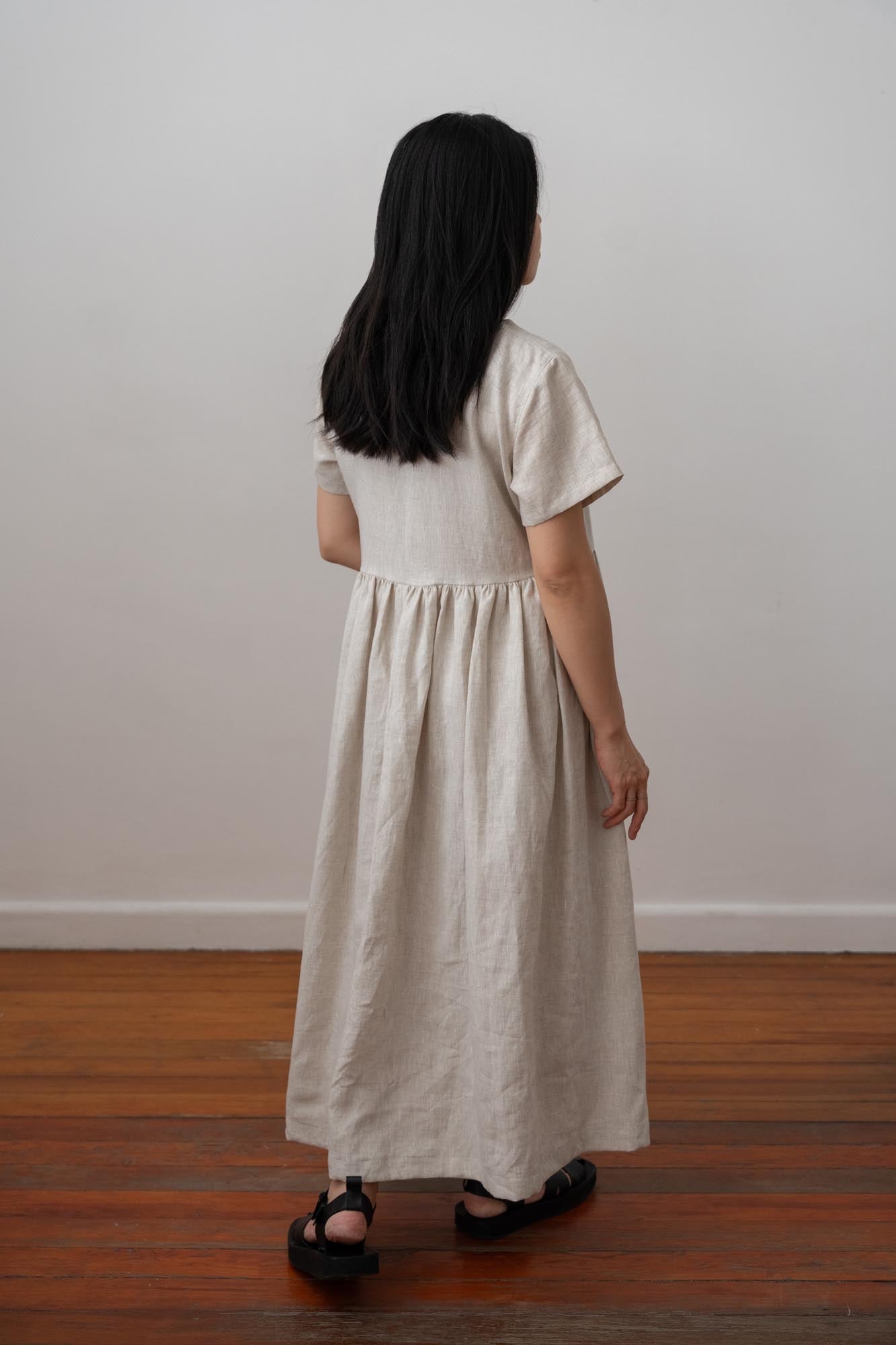 long linen wrap dress in natural