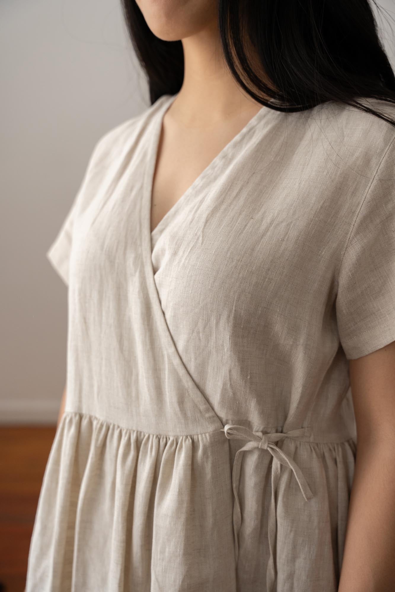 long linen wrap dress in natural