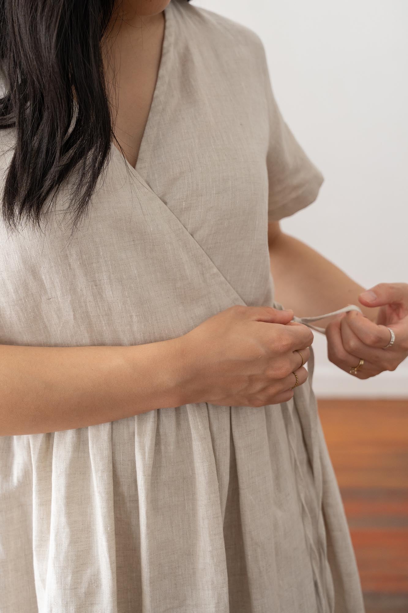 long linen wrap dress in natural