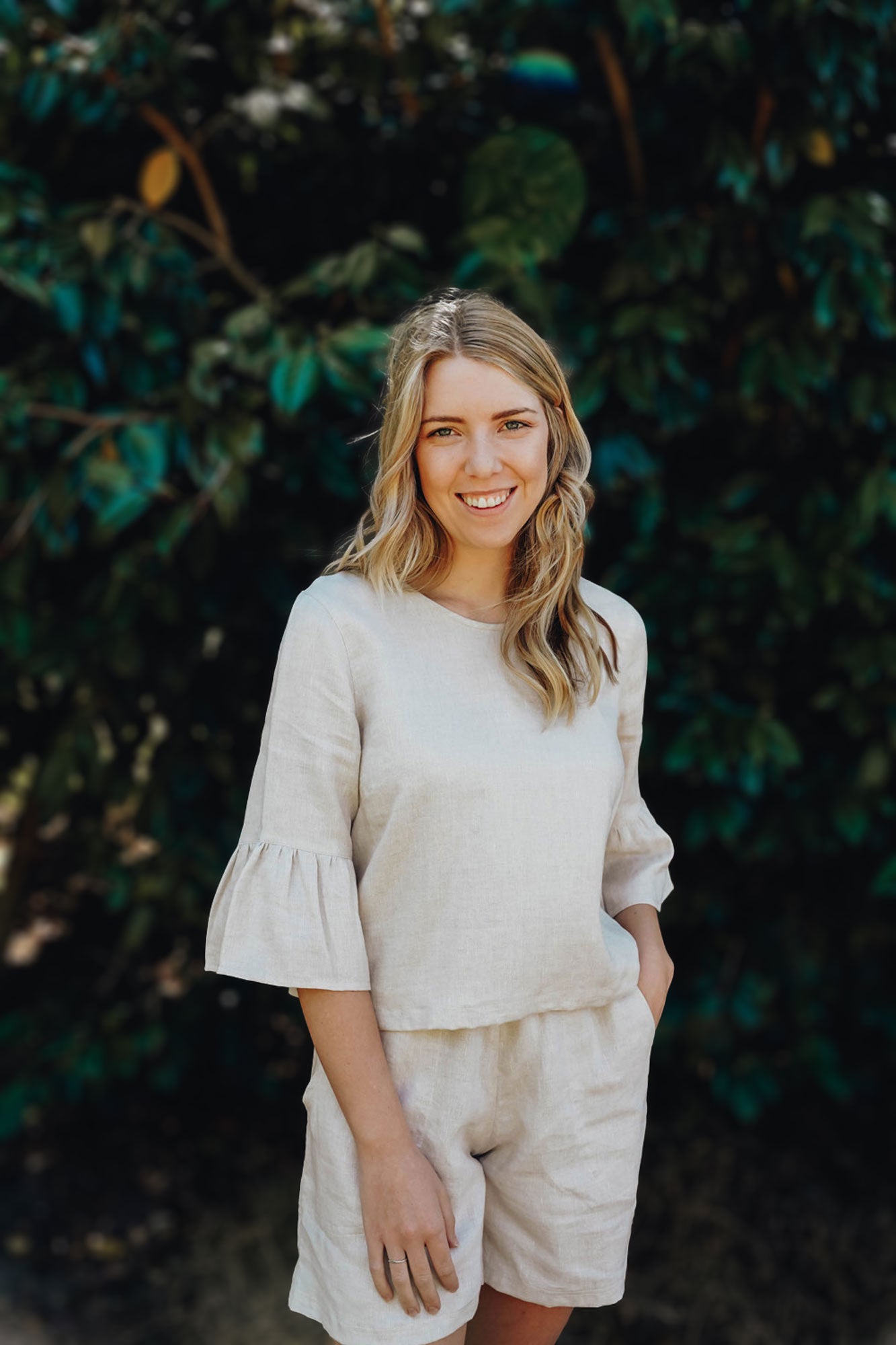 Willow Bell Sleeve Linen Top in almond - hōm 