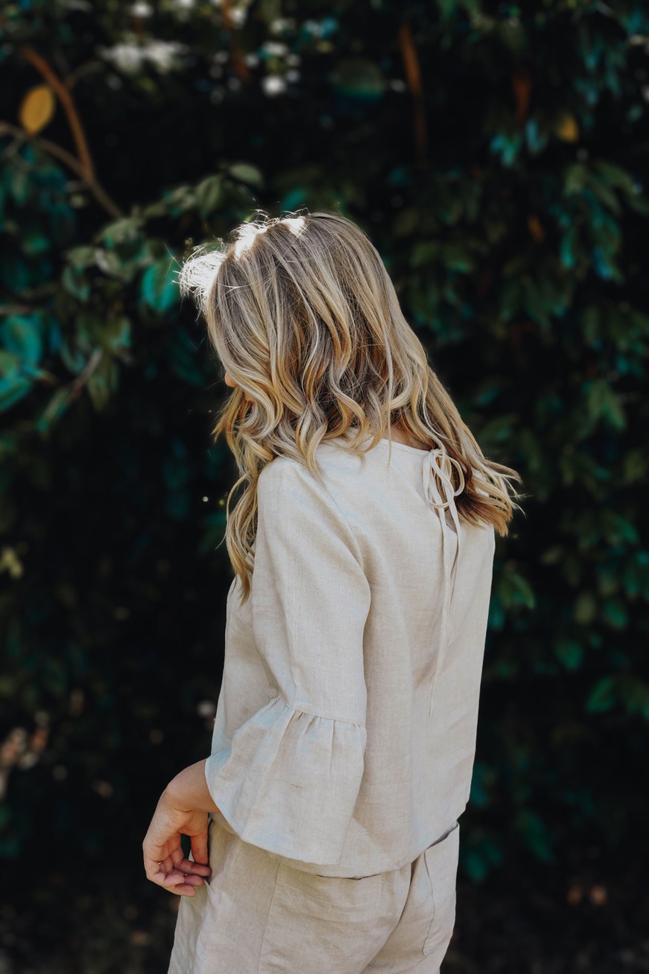 Willow Bell Sleeve Linen Top in almond - hōm 